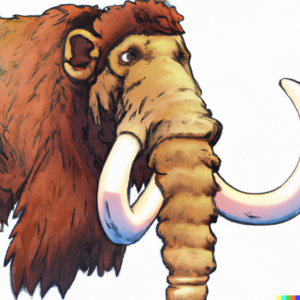 Dall-e Generated image of a Cartoon Mastodon with brown fur. Tusks are a bit of a mess with one growing in and the other growing up.